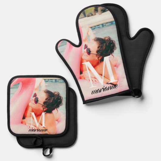 Aangepaste foto Monogram Chic Ovenwant & Pannenlap Set (Voorkant / Achterkant)