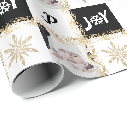 Aangepaste foto-monogram Gold en zwarte kerstfoto  Cadeaupapier (Rol Hoek)