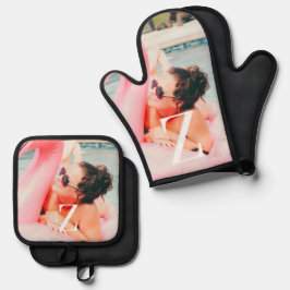 Aangepaste foto Monogram Oven Mitt en Pothouders Ovenwant & Pannenlap Set