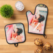 Aangepaste foto Monogram Oven Mitt en Pothouders Ovenwant & Pannenlap Set (Top down)