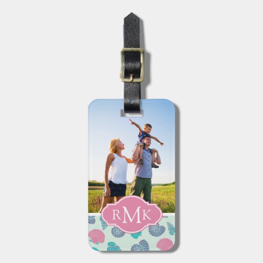 Aangepaste foto & monogram pastel zeeschelp patroo bagagelabel (Voorkant verticaal)