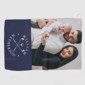 Aangepaste foto naam clubs en bal marine blauw wit golfhanddoek (Horizontaal)