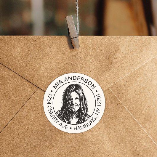Aangepaste foto, naam en retouradres ronde sticker