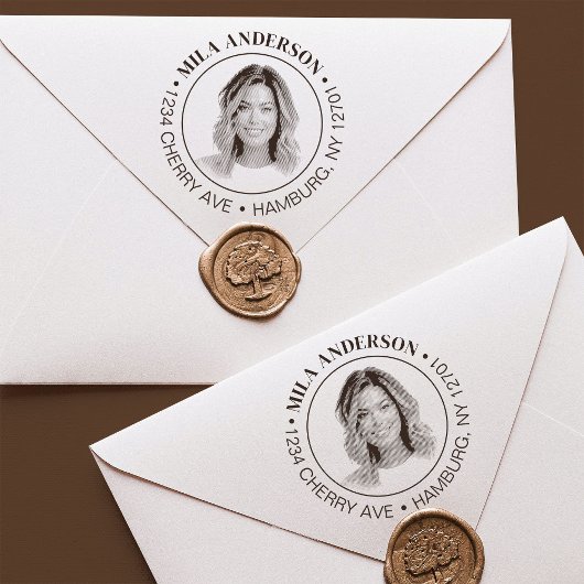 Aangepaste foto, naam en retourhouten adres  rubberstempel