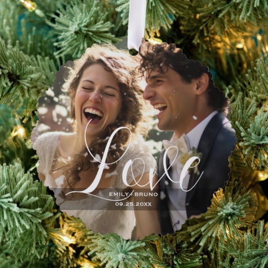 Aangepaste foto, naam en tekst ornament kaart (Insitu (Drie))