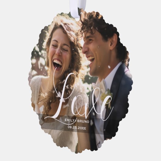 Aangepaste foto, naam en tekst ornament kaart (Links)