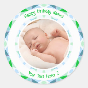 Aangepaste foto Naam Leeftijd Blauw Groen Verjaard Ronde Sticker