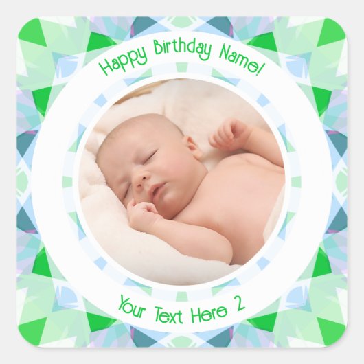 Aangepaste foto naam leeftijd blauw groen verjaard vierkante sticker (Voorkant)