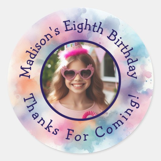 Aangepaste foto naam Waterverf Verjaardag Dank u Ronde Sticker (Voorkant)
