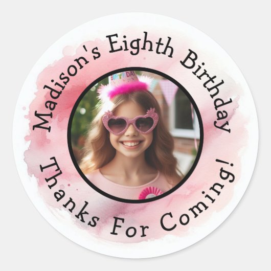 Aangepaste foto naam Waterverf Verjaardag Dank u Ronde Sticker (Voorkant)