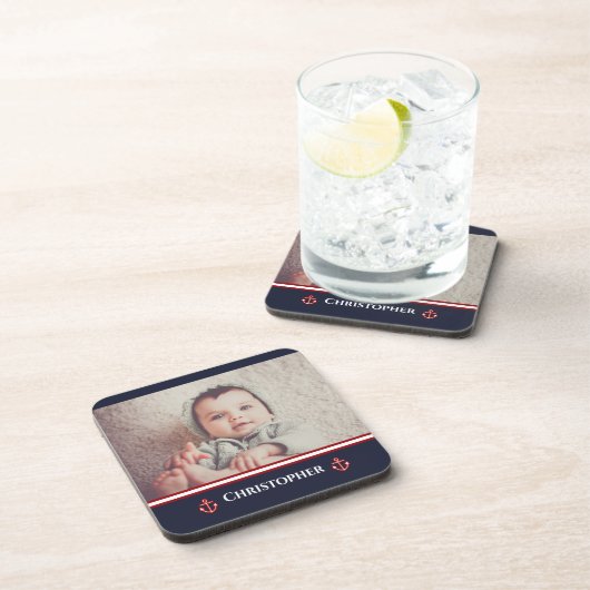 Aangepaste foto Nautical Marine Navy Blue Red Whit Bier Onderzetter (Rechterzijde)