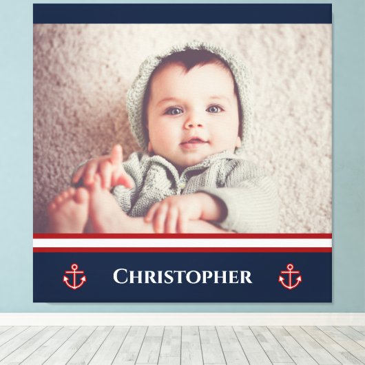 Aangepaste foto Nautical Marine Navy Blue Red Whit Canvas Afdruk (Insitu (Houten vloer))
