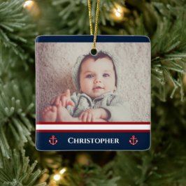 Aangepaste foto Nautical Marine Navy Blue Red Whit Keramisch Ornament