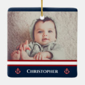 Aangepaste foto Nautical Marine Navy Blue Red Whit Keramisch Ornament (Achterkant)