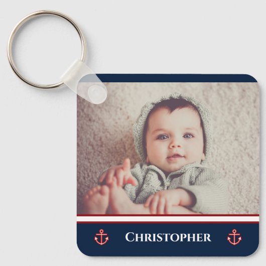 Aangepaste foto Nautical Marine Navy Blue Red Whit Sleutelhanger (Voorkant)