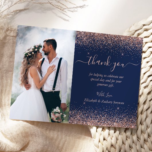 Aangepaste Foto Navy Blue Roos Gold Glitter Weddin Bedankkaart