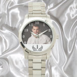 Aangepaste foto nummer 1 een vader horloge<br><div class="desc">Sjabloon voor je eigen foto van de beste vader,  vader ter wereld. Een wit lijst met zwarte tekst. Witte getallen van 8 tot 4. Een verjaardags- of kerstcadeau voor je vader. Een zwarte,  klassieke krans en het nummer 1.</div>