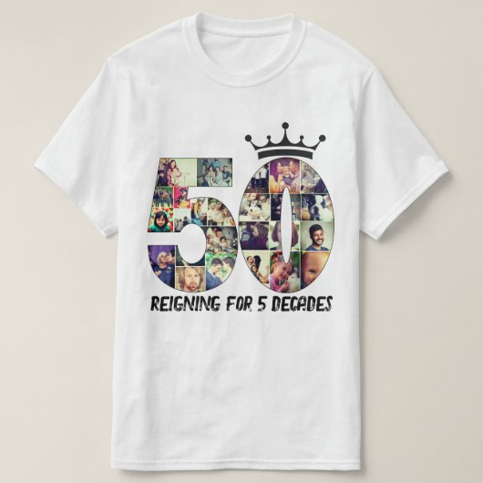 Aangepaste foto nummer collage 50 tekst kroon t-shirt (Design voorkant)