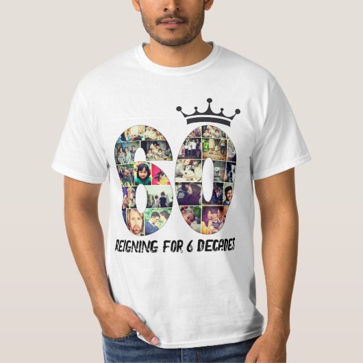 Aangepaste foto nummer collage 60 tekst kroon wit t-shirt (Voorkant)