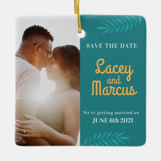 Aangepaste foto om de datumbruiloft op te slaan keramisch ornament (Voorkant)