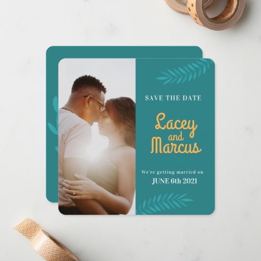 Aangepaste foto om de datumbruiloft op te slaan notitiekaartje (Voorkant / Achterkant in situ)