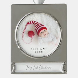 Aangepaste foto-omlay naam Baby eerste kerstdag Verzilverd Banner Ornament
