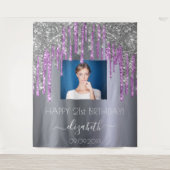 Aangepaste foto op feestdag zilveren glitter paars wandkleed (Voorkant)