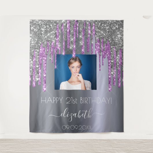 Aangepaste foto op feestdag zilveren glitter paars wandkleed (Voorkant)