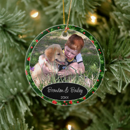 Aangepaste foto op rood bessen Groen Holly Patroon Keramisch Ornament
