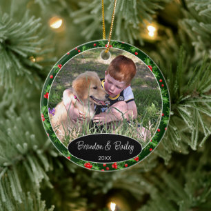 Aangepaste foto op rood bessen Groen Holly Patroon Keramisch Ornament