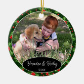 Aangepaste foto op rood bessen Groen Holly Patroon Keramisch Ornament (Voorkant)