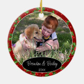 Aangepaste foto op rood bessen Groen Holly Patroon Keramisch Ornament (Achterkant)