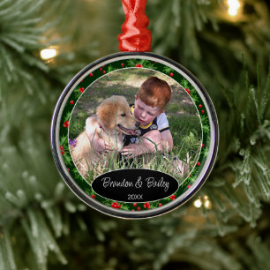 Aangepaste foto op rood bessen Groen Holly Patroon Metalen Ornament