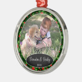 Aangepaste foto op rood bessen Groen Holly Patroon Metalen Ornament (Links)