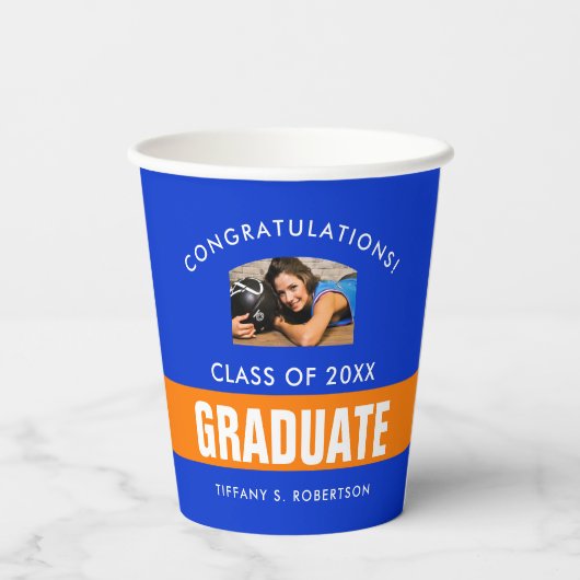 Aangepaste foto Oranje en blauw Afstuderen Papieren Bekers (Achterkant)