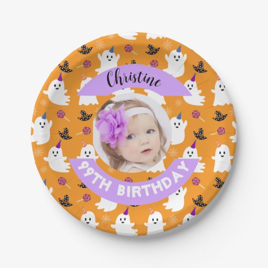 Aangepaste foto Oranje Halloween Ghost Birthday Pa Papieren Bordje (Voorkant)