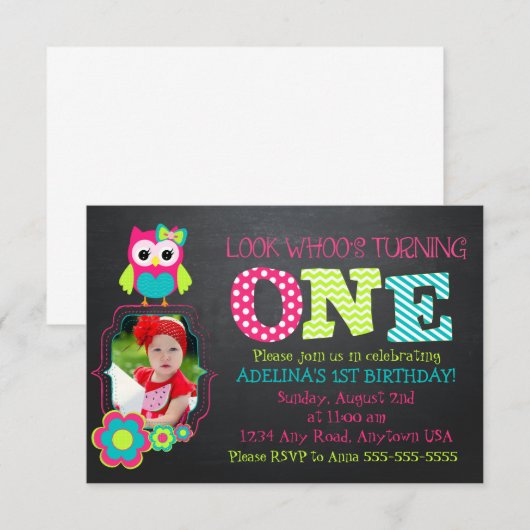 Aangepaste foto-owl 1e verjaardag uitnodiging (Voorkant / Achterkant)