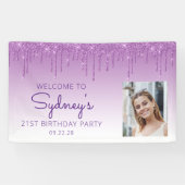 Aangepaste foto Paarse glitter Drip 21e verjaardag Spandoek (Horizontaal)