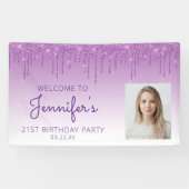 Aangepaste foto Paarse glitter Drip 21e verjaardag Spandoek (Horizontaal)