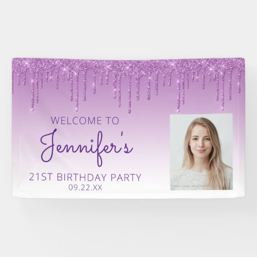Aangepaste foto Paarse glitter Drip 21e verjaardag Spandoek (Horizontaal)