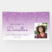 Aangepaste Foto Paarse Glitter Drip 30ste Verjaard Spandoek (Horizontaal)