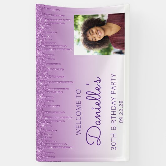 Aangepaste Foto Paarse Glitter Drip 30ste Verjaard Spandoek (Verticaal)