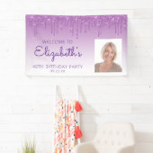 Aangepaste foto Paarse glitter Drip 40th Birthday Spandoek (Insitu)