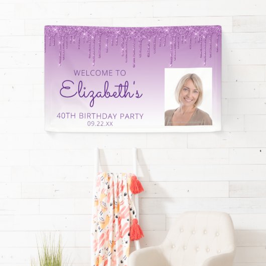 Aangepaste foto Paarse glitter Drip 40th Birthday Spandoek (Insitu)