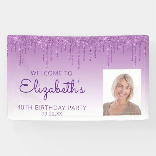Aangepaste foto Paarse glitter Drip 40th Birthday Spandoek (Horizontaal)
