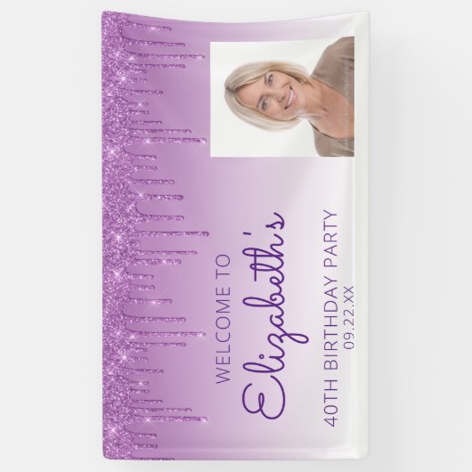 Aangepaste foto Paarse glitter Drip 40th Birthday Spandoek (Verticaal)