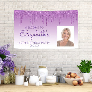Aangepaste foto Paarse glitter Drip 40th Birthday Spandoek