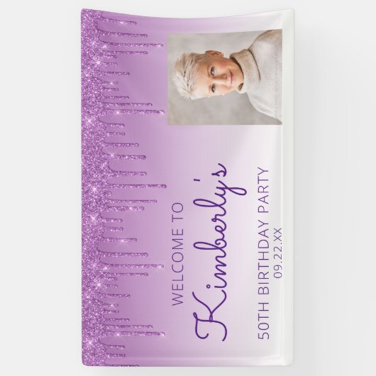 Aangepaste foto Paarse glitter Drip 50th Birthday Spandoek (Verticaal)