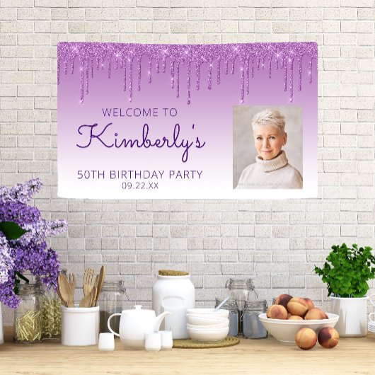 Aangepaste foto Paarse glitter Drip 50th Birthday Spandoek