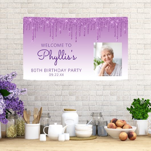 Aangepaste foto Paarse glitter Drip 80th Birthday Spandoek